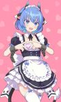  1girl animal_ears apron blue_eyes blue_hair breasts heart maid maid_apron open_mouth original short_hair tail thighhighs ug_(nekonekodou) white_thighhighs 