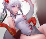  1girl ao_oni_(onioni-aoi) arknights bare_shoulders bright_pupils china_dress chinese_clothes clothes_lift commentary_request cowboy_shot dragon_print dress dress_lift earrings fang folding_fan grey_dress grey_hair grey_tail hand_fan high_collar highres holding holding_fan horns jewelry lifted_by_self nian_(arknights) nian_(unfettered_freedom)_(arknights) official_alternate_costume pointy_ears ponytail print_dress purple_eyes red_horns short_hair sidelocks sitting skin_fang sleeveless sleeveless_dress solo tail tongue tongue_out white_pupils 