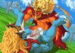  abs absurd_res anthro balls blonde_hair blue_body blue_skin bushiroad dragon drum_bunker_dragon duo future_card_buddyfight genitals hair hi_res male male/male muscular muscular_anthro muscular_male orange_body orange_skin pandarita pecs penis qinus_axia 