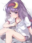  1girl alternate_costume arm_support bare_legs clothes_pull commentary_request feet_out_of_frame flat_chest gyuunyuukeepaa highres knees_together_feet_apart knees_up light_blush messy_hair no_headwear open_mouth patchouli_knowledge purple_eyes purple_hair shirt_pull simple_background sitting solo sweat touhou white_background 