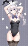  1girl ace_(playing_card) ace_of_clubs ace_of_diamonds ace_of_hearts ace_of_spades animal_ears arms_up black_leotard black_thighhighs bow bowtie breasts card club_(shape) covered_navel detached_collar diamond_(shape) elaina_(majo_no_tabitabi) grey_background grey_eyes heart highres leotard long_hair majo_no_tabitabi playboy_bunny playing_card playing_card_theme ponytail purple_bow purple_bowtie rabbit_ears small_breasts solo spade_(shape) standing thigh_gap thighhighs tongue tongue_out warachia white_hair 