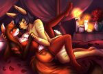  2017 anthro bed bedroom black_eyes black_hair black_nose blush bouquet breasts brown_body brown_fur candle canid canine clothed clothing convenient_censorship corset curtains curtains_open duo ear_piercing ear_ring female flower flower_bouquet fox fur furniture garter_belt garter_straps hair hand_on_head hi_res interlocked_fingers james_flynn kneeling lagomorph legwear leporid lingerie long_ears long_hair long_tail male male/female mammal markings multicolored_body multicolored_fur navel nelli-sama nipples nude open_mouth partially_clothed paws petals piercing pink_nipples plant rabbit raised_leg red_clothing red_hair red_underwear ring_piercing romantic romantic_ambiance romantic_couple rose_(flower) rose_petals short_hair short_tail stockings tail topwear underwear unknown_character 