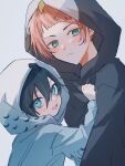  2boys aged_down blue_eyes blue_hair blue_lock blunt_bangs brothers closed_mouth cosplay grey_background highres hood hood_up itoshi_rin itoshi_sae kigurumi long_sleeves looking_at_viewer male_focus multiple_boys na_su open_mouth red_hair short_hair siblings simple_background smile 