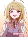  1girl :d ahoge akamatsu_kaede blonde_hair breasts brown_necktie collared_shirt danganronpa_(series) danganronpa_v3:_killing_harmony dated gradient_background hair_ornament hands_up happy_birthday highres large_breasts long_hair musical_note musical_note_hair_ornament necktie pink_sweater_vest purple_eyes shirt smile solo sparkle suiren_yurei sweater_vest teeth upper_body upper_teeth_only white_shirt 