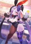  anthro big_breasts biped blush breasts clothed clothing eyelashes female lagomorph legwear leporid mammal pupils purple_body rabbit rikose solo standing thigh_highs waiter wide_hips 