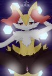  anthro black_body black_fur bodily_fluids braixen canid canine clitoris cum cum_in_pussy cum_inside female fur generation_6_pokemon genital_fluids genitals hi_res looking_at_viewer mammal navel nintendo pokemon pokemon_(species) pussy silavos smile solo spread_legs spreading watermark white_body white_fur yellow_body yellow_fur 