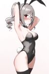  1girl animal_ears armpits arms_up black_bow black_bowtie black_leotard black_thighhighs bow bowtie breasts cleavage covered_navel detached_collar earrings fake_animal_ears grey_hair groin highres idolmaster idolmaster_cinderella_girls jewelry kanzaki_ranko kono_(116) leotard looking_at_viewer medium_breasts playboy_bunny rabbit_ears rabbit_tail red_eyes simple_background solo tail thighhighs twintails wavy_hair white_background 
