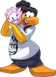  absurd_res ambiguous_gender avian bird black_bottomwear black_clothing black_hair black_pants bottomwear clothing club_penguin duo female full-length_portrait hair hi_res looking_at_another medium_hair official_art open_mouth pants penguin pink_body portrait print_clothing print_shirt print_topwear puffle shirt short_sleeves teeth topwear unknown_artist updo upper_teeth_only white_clothing white_shirt white_topwear yellow_body 