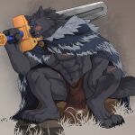  1:1 2022 abs absurd_res anthro barefoot blaidd_(elden_ring) bottomwear bulge canid canine canis claws cloak clothing elden_ring feet fromsoftware fur_cloak hi_res holding_object holding_sword holding_weapon huka loincloth looking_at_viewer male mammal melee_weapon muscular muscular_male navel pantsless pawpads pecs scar shirtless sitting sitting_on_rock solo sword sword_over_shoulder weapon wolf 