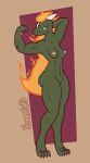  absurd_res anthro boitata breasts female fire flaming_hair flaming_tail hi_res medium_breasts muscular muscular_female nokamiwd nude pitanga_(nokamiwd) pseudo_hair simple_background solo tail thick_thighs 