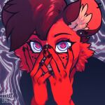  anthro claws female finger_claws fingers freckles froggsalt front_view fur hand_on_face hi_res hypnotic_eyes interlocked_fingers looking_at_viewer mammal mephitid peeking piercing psychedelic red_body red_fur skunk solo 