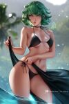  1girl bare_shoulders bikini blush breasts collarbone curly_hair dated green_eyes green_hair holding looking_to_the_side medium_breasts navel olchas one-punch_man patreon_username shawl short_hair side-tie_bikini_bottom signature solo swimsuit tatsumaki thick_lips thighs wading water 