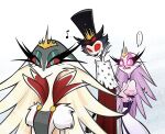  anthro avian bird clothing dress feathers female group hat headgear headwear helluva_boss humor male owl owl_demon pink_eyes red_eyes simple_background stella_(helluva_boss) stolas_(helluva_boss) top_hat trio white_body white_feathers xszwhr 