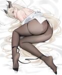  1girl absurdly_long_hair ass bed_sheet black_horns black_ribbon blonde_hair chinese_commentary commentary_request covered_mouth dragon_horns feet from_above hair_behind_ear hair_between_eyes highres horns legs long_hair looking_at_viewer lying no_shoes on_side original panties panties_under_pantyhose pantyhose pillow qing_wu ribbon shirt shirt_partially_removed soles solo toes underwear very_long_hair white_shirt yellow_eyes 