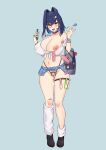  1girl alternate_costume armpits asymmetrical_legwear bag blue_eyes blue_hair breasts candy cellphone cleavage clothes_lift condom condom_belt cropped_shirt crotchless crotchless_panties dildo food full_body gyaru hair_intakes highres holding holding_phone hololive hololive_english huge_breasts lollipop looking_at_viewer midriff navel nipples no_bra ok_sign ouro_kronii panties phone pubic_hair pussy revealing_clothes rika_(akarika057) see-through sex_toy shirt short_hair simple_background skirt skirt_lift smartphone smile socks solo tally uncensored underwear used_condom vibrator virtual_youtuber 
