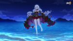  1girl bare_legs barefoot beach black_dress black_headwear black_sleeves chinese_commentary cloud cloudy_sky detached_sleeves dress earrings flower full_body hair_between_eyes highres honkai_(series) honkai_impact_3rd jewelry logo long_hair looking_at_viewer luna_(honkai_impact) night night_sky ocean official_art official_wallpaper open_mouth red_eyes red_flower red_rose rose sand sky solo standing theresa_apocalypse theresa_apocalypse_(lunar_vow:_crimson_love) wading water 