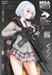  1girl assault_rifle black_gloves blush breasts candy checkered_clothes checkered_skirt collared_shirt fatkewell finger_on_trigger food food_in_mouth formal gloves gun highres holding holding_gun holding_weapon jacket lollipop magazine_(weapon) necktie original pleated_skirt pocket red_eyes rifle scope shirt short_hair skirt small_breasts solo strap suit_jacket thighs weapon weapon_case white_shirt 