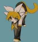  animal animalization black_sleeves blonde_hair blue_background blue_eyes cat detached_sleeves hair_ornament hairclip heterochromia kagamine_rin moonagvaze no_humans short_hair simple_background vocaloid yellow_eyes 