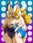  animal_humanoid big_breasts blonde_hair blue_eyes breast_grab breasts brittany bunny_costume clothing costume duo ear_piercing ear_ring eye_through_hair female female/female glistening glistening_body glistening_breasts glistening_clothing hair hand_on_breast humanoid lagomorph lagomorph_humanoid leporid_humanoid looking_at_viewer mammal mammal_humanoid piercing rabbit_humanoid ring_piercing short_tail smile speeds tail tan_body tan_skin thick_thighs tiffany_(speeds) translucent translucent_hair 