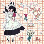 1girl animal_ears apron black_dress black_eyes black_hair blush bouquet cake cake_slice chamomile cookie cup dress flower food full_body highres holding_vase inata17ta long_hair long_sleeves maid maid_apron maid_headdress original rabbit rabbit_ears red_flower red_rose rose saucer shoes smile solo standing teacup teapot twintails twitter_username vase white_apron 