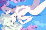  1girl arched_back arm_up blonde_hair blue_eyes breasts collarbone completely_nude diana_cavendish hand_up highres little_witch_academia looking_at_viewer lying navel nipples nude on_back optionaltypo petals petals_on_liquid small_breasts solo stomach thighs water 