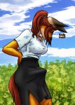  androidz anthro bottomwear breasts bulge butt canid canine clothed clothing digital_media_(artwork) erection erection_under_clothing erection_under_skirt gynomorph hair hi_res intersex mammal mel_(androidz) ponytail simple_background skirt solo talking_to_self trans_(lore) trans_woman_(lore) 