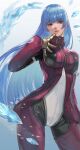  1girl belt blue_hair bodysuit breasts cowboy_shot cryokinesis finger_to_mouth gauss_&lt;bokashi gloves highres ice kula_diamond long_hair medium_breasts purple_eyes simple_background the_king_of_fighters turtleneck zipper 