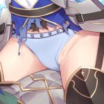  1girl armor belt blue_panties character_request close-up commission crotch_focus cryptract panties pixiv_commission sitting solo spread_legs sweat torimaru torn_clothes underwear 