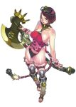  1girl axe bare_shoulders battle_axe breasts f.s. full_body goldie_(queen&#039;s_blade) holding holding_axe holding_weapon looking_at_viewer queen&#039;s_blade queen&#039;s_blade_grimoire red_hair short_hair simple_background solo weapon 