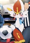  2023 ambiguous_gender anthro ball blush cinderace clothing dagasi digital_media_(artwork) fingers fur generation_3_pokemon generation_8_pokemon hi_res human japanese_text mammal nintendo outside pokeball pokemon pokemon_(species) soccer_ball solo_focus spheal text young 