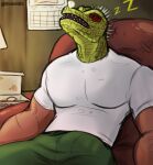  animal_head bodily_fluids bottomwear bubble bulge calendar chair clothing dorohedoro for_a_head furniture hi_res iconography kaiman_(dorohedoro) kinkmilk male pants scalie shirt sitting sleeping snot snot_bubble solo sound_effects topwear vowelless vowelless_sound_effect white_clothing white_shirt white_topwear zzz 