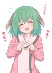  1girl animal_ears blush closed_eyes commentary_request dog_ears dress facing_viewer flying_sweatdrops green_eyes green_hair hair_between_eyes heart heart_hands highres kasodani_kyouko kazawa_(tonzura-d) long_sleeves open_mouth pink_dress short_hair simple_background smile solo touhou translation_request upper_body white_background 