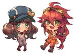  1boy 1girl ahoge blue_eyes blush braid brown_footwear brown_gloves cardia_beckford chibi code:realize fangs fingerless_gloves gloves goggles goggles_on_head green_eyes hand_up hat highres impey_barbicane jewelry kash-phia long_hair necklace orange_overalls overalls own_hands_together pants red_hair simple_background smile very_long_hair white_background 