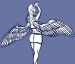  ambiguous_gender anthro avian avian_butt beak bird bottomwear clothing digital_drawing_(artwork) digital_media_(artwork) feathered_wings feathers female firstletterj looking_at_viewer monochrome shorts signature simple_background sketch solo spread_wings wings 