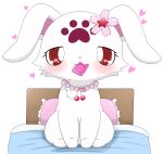  &lt;3 &lt;3_eyes absurd_res accessory anthro azuo bed bedroom_eyes blush condom condom_in_mouth facial_markings female flower flower_in_hair forehead_markings fur furniture hair hair_accessory head_markings hi_res jewelpet lagomorph leporid mammal markings narrowed_eyes object_in_mouth on_bed pillow plant rabbit ruby_(jewelpet) sanrio seductive semi-anthro sexual_barrier_device simple_background solo white_background white_body white_fur 