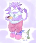  2023 alternate_hairstyle ambiguous_gender anarchoblues anthro belly biped blaze_the_cat breasts chao_(sonic) clothed clothing cucumber cutlery domestic_cat duo eyelashes felid feline felis female food frown full-length_portrait hair hair_down halo hero_chao hi_res holding_food holding_object holding_plate kitchen_utensils looking_at_another looking_down_at_another mammal medium_breasts overweight overweight_anthro overweight_female plant plate portrait purple_background purple_body purple_hair sega shirt simple_background slippers sonic_the_hedgehog_(series) standing sweatpants tail tools topwear vegetable white_body wings 