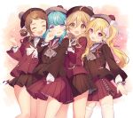  4girls blonde_hair blue_hair bow brown_hair brown_headwear closed_eyes ensemble_stars! genderswap genderswap_(mtf) hair_bow mashiro_tomoya multiple_girls multiple_hair_bows nito_nazuna orange_eyes purple_eyes rabbits_(ensemble_stars!) red_eyes rinndouk shino_hajime tenma_mitsuru twintails 