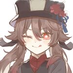  1girl ;p black_coat bright_pupils brown_hair coat commentary_request flower flower-shaped_pupils genshin_impact hair_between_eyes hat hat_flower hat_tassel hu_tao_(genshin_impact) light_blush long_hair looking_at_viewer one_eye_closed portrait red_eyes red_shirt shimozaki_hotaru shirt simple_background solo symbol-shaped_pupils tongue tongue_out twintails white_background white_pupils 