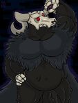  anthro athan_the_monster balls barazoku big_balls bone bone_lord_(inscryption) bovid bovid_horn cape caprine caprine_demon caprine_horn chubby_male clothing demon fluffy fluffy_chest genitals goat_demon hi_res horn inscryption male mammal muscular muscular_anthro muscular_male obol pecs penis red_eyes skeletal_hand skull skull_head slightly_chubby solo thick_penis thick_thighs 