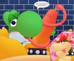  absurd_res accessory balls big_penis bodily_fluids bowser clothing cock_ring collar cum dialogue digital_media_(artwork) dinosaur duo english_text erection fellatio genital_fluids genitals green_yoshi headgear hi_res horn huge_penis humanoid_genitalia humanoid_penis jewelry koopa long_tongue looking_at_viewer male male/male mario_bros nintendo open_mouth oral penile penis penis_accessory penis_jewelry reptile scalie sex simple_background smile speech_bubble spikes text tongue varium yoshi 