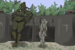  2023 absurd_res anthro belly big_belly big_breasts blue_eyes blush breasts brown_eyes bunker char_2c chubby_female colored deep_navel duo female female/female france green_body grey_body hi_res living_machine living_tank living_vehicle machine navel nipples panzerschreckleopard plant size_difference somua somua_s-35 tank tree vehicle world_war_1 world_war_2 