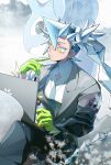  1girl absurdres blue_necktie coat colored_eyelashes commentary computer eyelashes gloves green_eyes green_gloves grey_coat hatsune_miku highres horns ice ice_miku_(project_voltage) lapras laptop mygiorni necktie pokemon pokemon_(creature) project_voltage single_horn snow sparkle vocaloid 