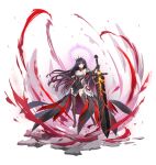  1girl alpha_transparency bare_shoulders black_gloves black_hair breasts counter:side covered_navel crown elbow_gloves floating gloves ground highres holding holding_sword holding_weapon long_hair looking_at_viewer official_art red_eyes rosaria_le_friede small_breasts solo sword thighhighs weapon 