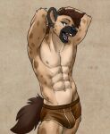  2023 abs anthro bulge clothed clothing hands_behind_head hyena male mammal open_mouth resident_agd simple_background solo spotted_hyena underwear underwear_only 