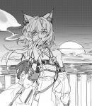  1girl animal_ears arknights cigarette dress fox_ears greyscale hand_up infection_monitor_(arknights) kal&#039;tsit_(arknights) lenereco looking_to_the_side monochrome morning oripathy_lesion_(arknights) outdoors railing scar sidelocks smoking solo stethoscope sun 