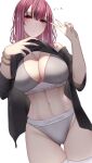  1girl azur_lane bare_shoulders black_shirt bra bracelet breasts bremerton_(azur_lane) calvin_klein cleavage closed_mouth clothes_lift commentary_request cowboy_shot fingernails grey_bra grey_hair grey_panties groin hair_between_eyes hair_down highres jewelry large_breasts long_fingernails long_hair looking_at_viewer midriff miyuki_(9029009) mole mole_under_eye multicolored_hair navel off_shoulder panties pink_eyes pink_hair pink_nails shirt shirt_lift sidelocks simple_background skindentation solo standing streaked_hair thigh_gap thighhighs two-tone_hair underwear v white_background white_thighhighs 