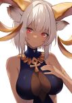  1girl absurdres animal_ears arknights bare_shoulders black_one-piece_swimsuit breasts carnelian_(arknights) carnelian_(shimmering_dew)_(arknights) cleavage curled_horns dark-skinned_female dark_skin goat_ears goat_girl goat_horns hand_on_own_chest highres horns jewelry large_breasts looking_at_viewer necklace official_alternate_costume one-piece_swimsuit red_eyes see-through short_hair simple_background smile solo swimsuit upper_body white_background white_hair worimehl 