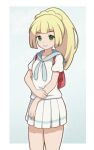  1girl backpack bag blonde_hair blunt_bangs border braid closed_mouth commentary_request cowboy_shot french_braid green_eyes high_ponytail lillie_(pokemon) long_hair looking_at_viewer mrwww pleated_skirt pokemon pokemon_(game) pokemon_sm shirt short_sleeves skirt smile solo white_border white_shirt white_skirt 