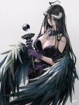  1girl ahoge albedo_(overlord) artist_name bare_shoulders black_hair black_wings breasts cleavage closed_mouth demon_girl demon_horns dress feathered_wings ginnungagap_(overlord) gloves hair_between_eyes highres holding horns infukun jewelry large_breasts long_hair looking_at_viewer low_wings necklace off-shoulder_dress off_shoulder orb overlord_(maruyama) purple_dress purple_gloves signature simple_background slit_pupils smile solo very_long_hair white_background white_horns wings yellow_eyes 