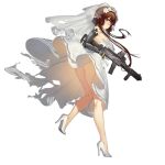  1girl ass blush breasts bridal_veil brown_hair closed_mouth collar detached_collar dress elbow_gloves fangdan_runiu flower flower_request from_side girls&#039;_frontline gloves gun hair_flower hair_ornament high_heels holding holding_gun holding_weapon kneepits large_breasts light_frown long_hair looking_at_viewer mechanical_arms no_socks official_art panties red_eyes shoe_soles short_hair_with_long_locks sideboob simple_background solo strapless strapless_dress torn_clothes torn_dress torn_veil transparent_background type_79_(gazing_from_the_dust)_(girls&#039;_frontline) type_79_(girls&#039;_frontline) type_79_smg underwear veil very_long_hair weapon wedding_dress white_collar white_dress white_footwear white_gloves white_panties 